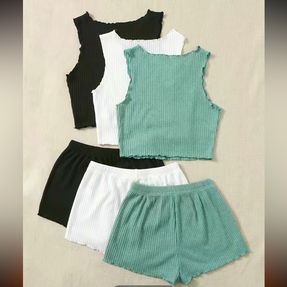 GREEN 2 Piece Set Ribbed Lounge Wear - Picture 2 of 7